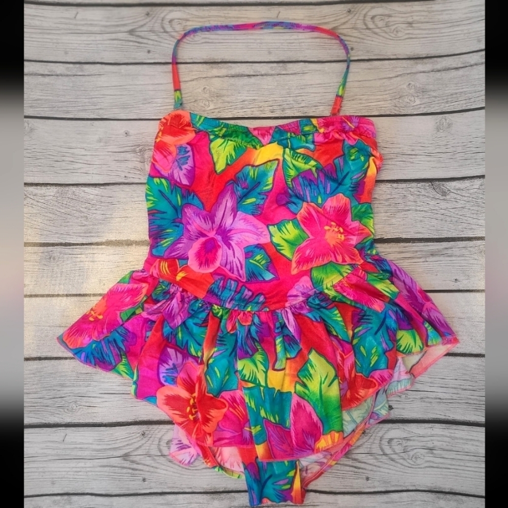 Vintage Jantzen Multicolor Floral Ruffle One Piece Swimsuit Sz 14